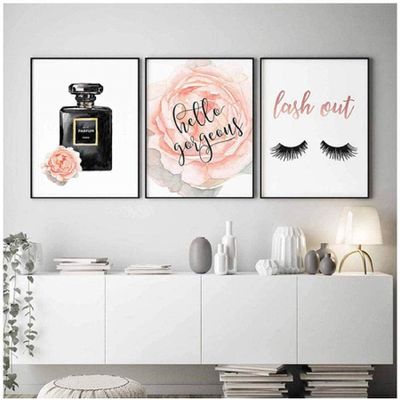 AdoDecor Framed Canvas Wall Art Set, Fashion Watercolor Roses and Perfume Bottle