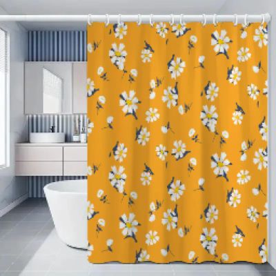 AJALGZ Bathroom Shower Curtain Set, Yellow Daisy Floral, Waterproof, 170 x 205 cm