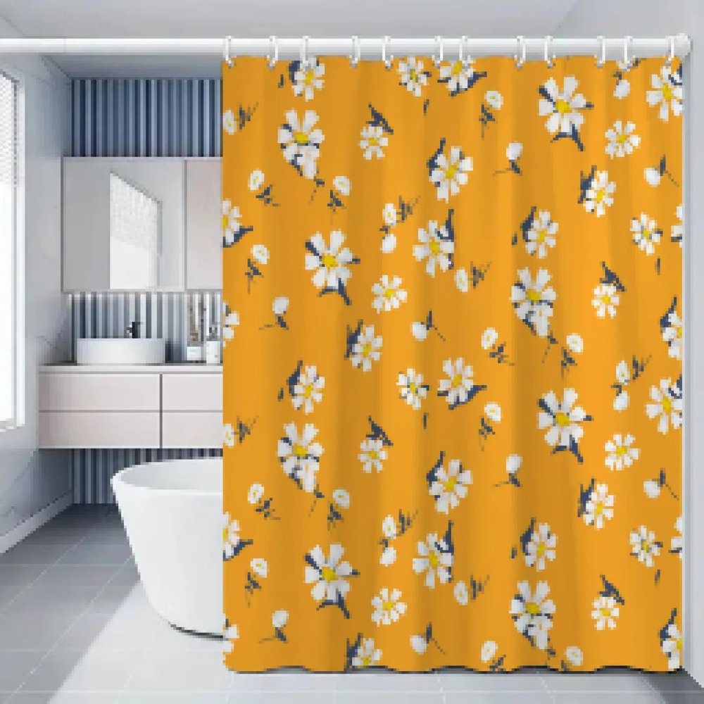 AJALGZ Bathroom Shower Curtain Set, Yellow Daisy Floral, Waterproof, 170 x 205 cm