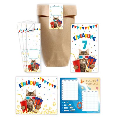 6 Invitations for a 7th Birthday Movie Party with Cat Design, Envelopes, Bags, Stickers and Battleship