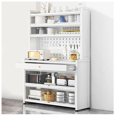 Kitchen Cabinet with Microwave Stand, Drawer and Wheels, 172.7 cm High, White, 80 x 172 cm