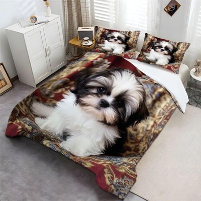 Fall and Winter Bedding Set, 260 x 220 cm, Shih Tzu Puppy, Microfiber, Black and White