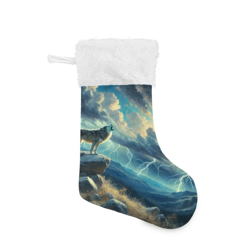 CHIFIGNO 2-Pack Christmas Stockings, Wolf Lightning Design, 18-Inch Hanging Socks