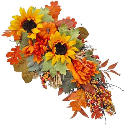 Zghhc 1-Piece Upside-Down Faux Wreath with Pumpkins, Sunflowers and Maple Leaves