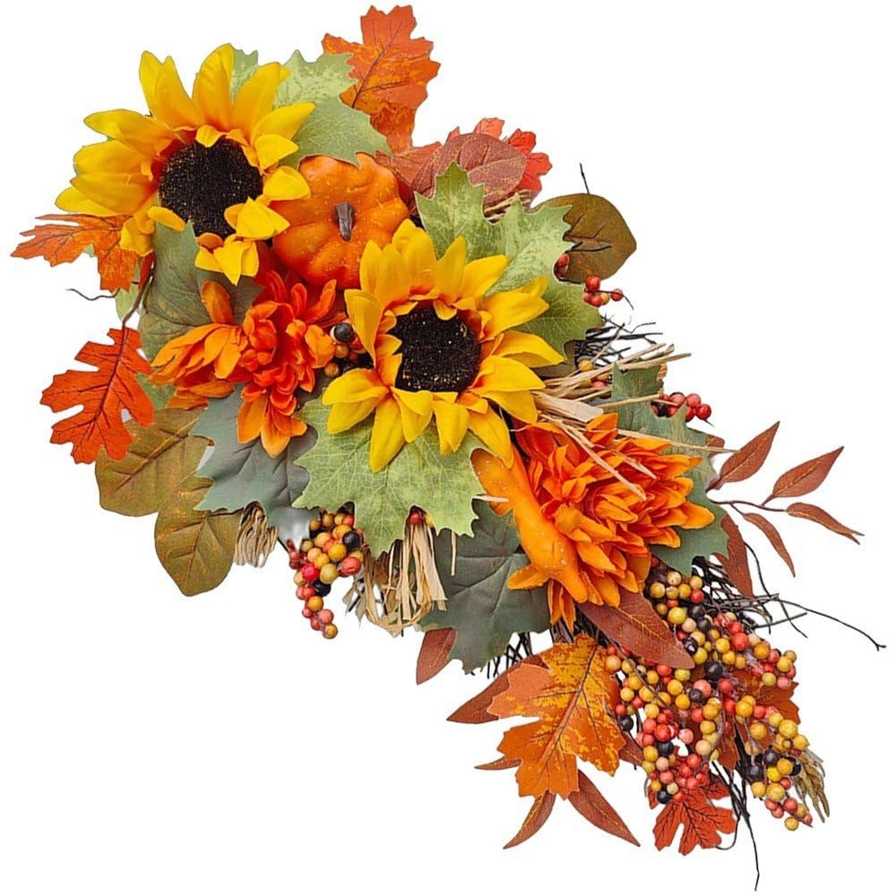 Zghhc 1-Piece Upside-Down Faux Wreath with Pumpkins, Sunflowers and Maple Leaves