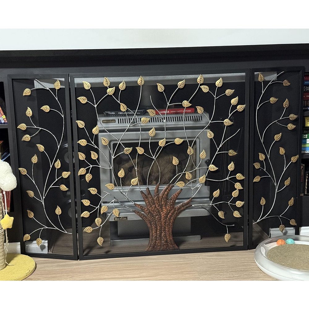 3-Panel Folding Fireplace Screen with 3D Leaf Vine Pattern, 24 in