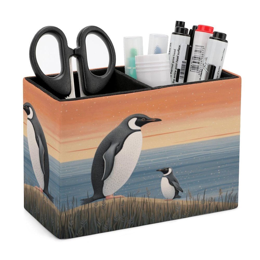 HKMNTGD Desk Pen Holder, Hand-Drawn Penguin, Square PU Leather, 2 Compartments