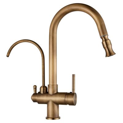 2-in-1 Pull-Out Kitchen Faucet with Drinking Water Filter, Antique Brass, 360° Swivel