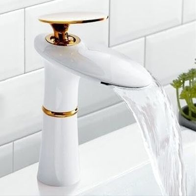 Bathroom Sink Waterfall Faucet, Gold-White Single-Handle Mixer