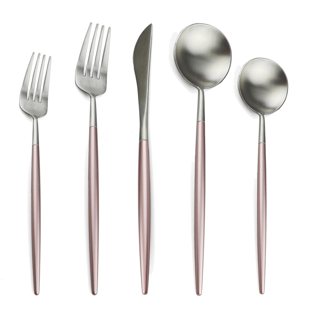 WYRMB Flatware Set, 5/20/30/40/50/60 Pieces, Stainless Steel, Matte Finish, Pink Silver, 12 Sets/60 Pieces