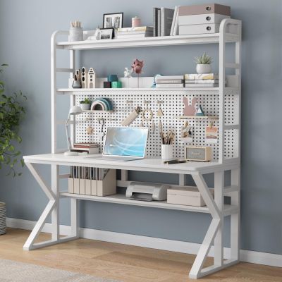 Solid Wood Computer Desk with Shelves and Pegboard, Modern Home Office Desk