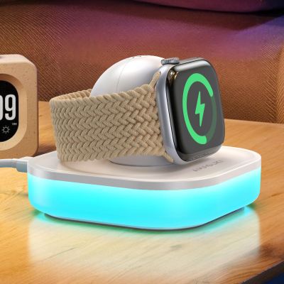 Wireless Apple Watch Charger with Magnetic Dock, Adjustable Color Lights and USB-C Cable, White