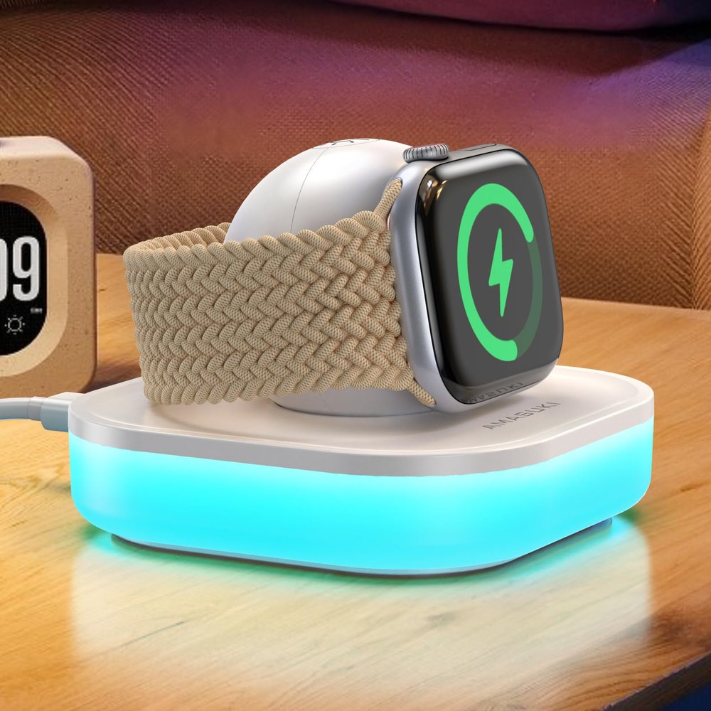 Wireless Apple Watch Charger with Magnetic Dock, Adjustable Color Lights and USB-C Cable, White