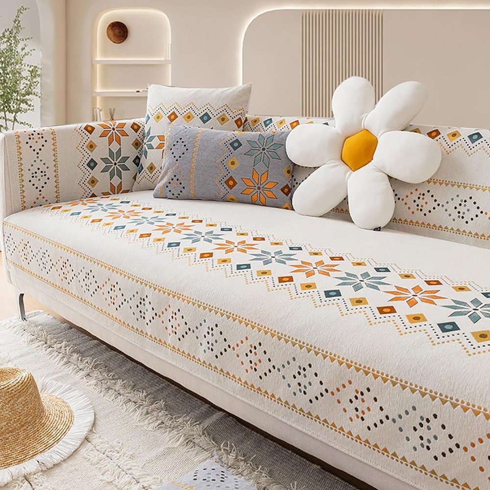 Upgraded Bohemian Couch Cover, Non-Slip Sofa Protector, Cream, 110 × 240 cm