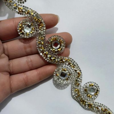 1 Yard African Lace Trim, Ethnic Lace Band with Round Rhinestone Tassel Beads, Pendants and Necklaces, Silver and Gold, 25 Yards