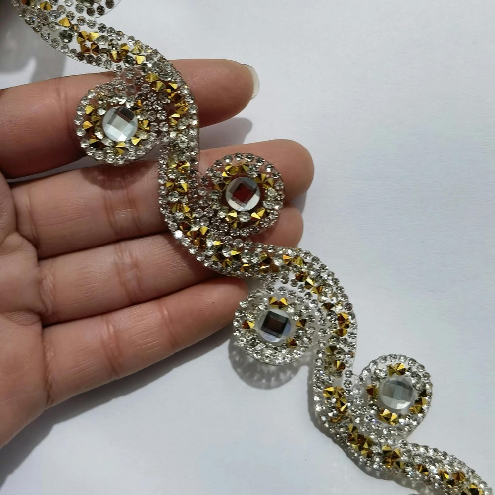 1 Yard African Lace Trim, Ethnic Lace Band with Round Rhinestone Tassel Beads, Pendants and Necklaces, Silver and Gold, 25 Yards
