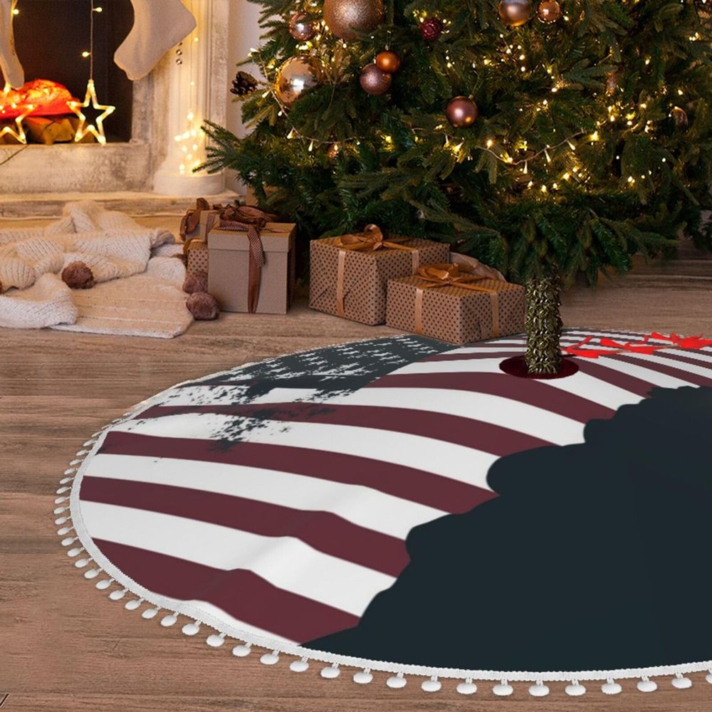 48-Inch Waterproof Christmas Tree Skirt with Pom-Poms, Striped Flag and Statue Silhouette