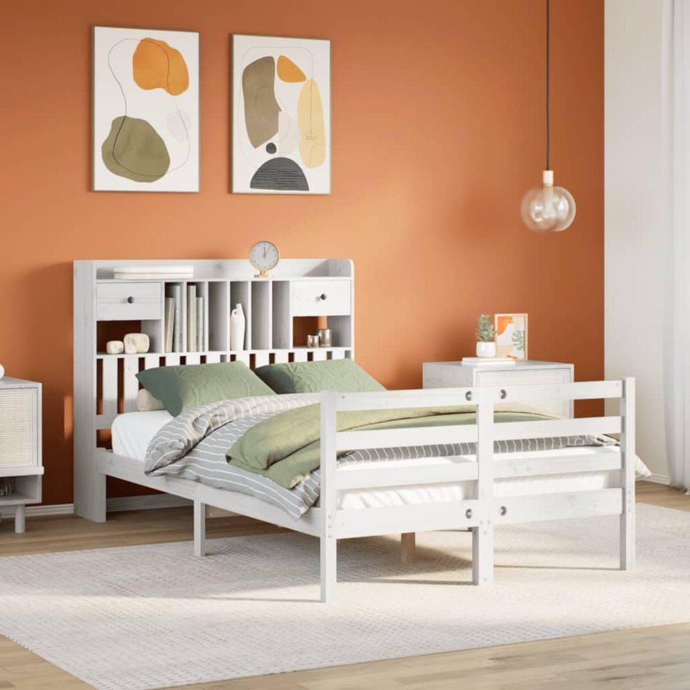 NQJIBUE Home Garden Bookshelf Bed Frame, White, 135 x 190 cm, Solid Pine