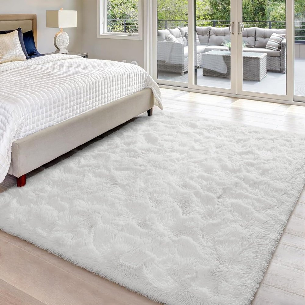 HOKXUAN High-Pile Living Room Rug 170 x 250 cm, Extra Soft, Easy-Care, Non-Slip, Modern Solid White Design for Bedroom and Kids' Room