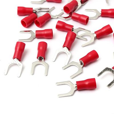 DSZUJTYROP 50-Piece Red Insulated Fork Wire Connectors, Electrical Crimp Terminals, 22–16 AWG, 6.4m, 5.3mm, 4.3mm, 3.7mm, 3.2mm (5mm3)