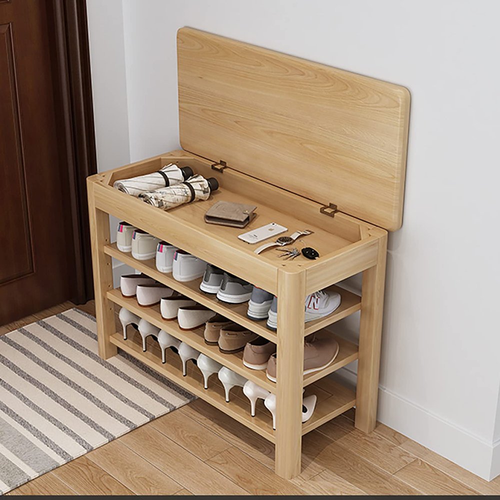 WIKKASSEIR Solid Wood Shoe Bench with Storage, Lift-Top Seat, 3-Tier Shoe Rack, 80 x 35 x 52 cm
