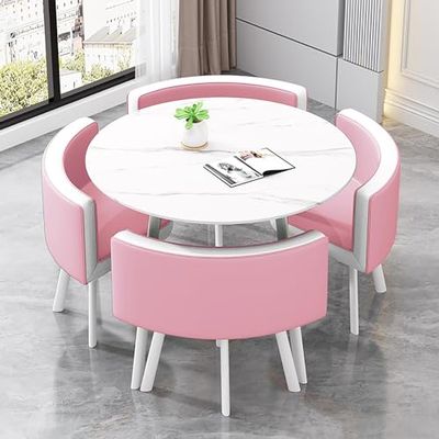 Breakfast Bar Set for Kitchen, Round Table and Chairs, Pink and White