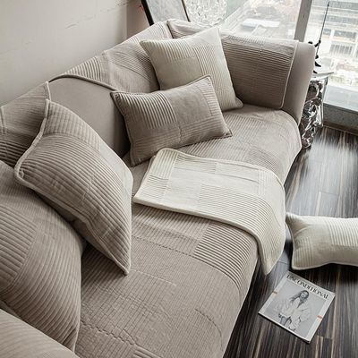 Upgraded Couch Cover, Striped Plush Sofa Cover for 3-Cushion Couch, Khaki, 90 × 240 cm