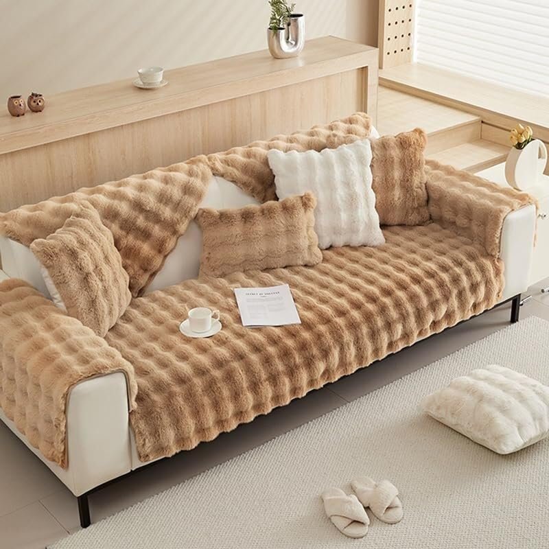 YUMEIGE Upgraded Plush Couch Cover, Khaki, 110 × 110 cm / 43 × 43 in