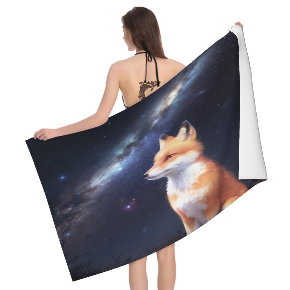 Hongduo Large Fox Beach Towel, Microfiber, 3D Galaxy Design, 100 x 200 cm