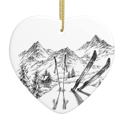Ski-Themed Heart-Shaped Ceramic Christmas Tree Ornament