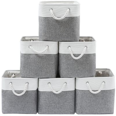 ICEMOR 6-Pack 33 x 33 x 33 cm Fabric Storage Bins with Rope Handles, Foldable Storage Cubes, White & Gray