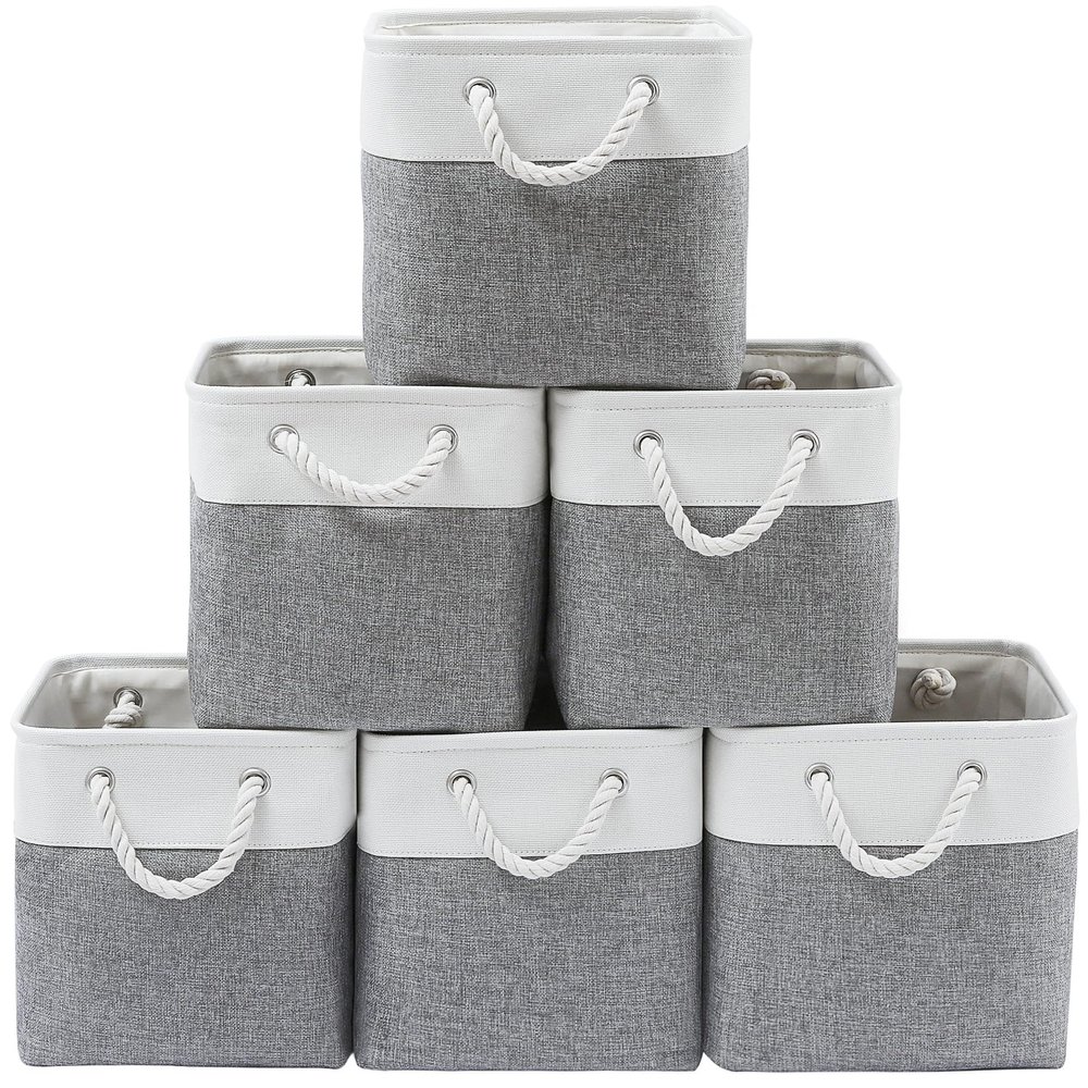 ICEMOR 6-Pack 33 x 33 x 33 cm Fabric Storage Bins with Rope Handles, Foldable Storage Cubes, White & Gray
