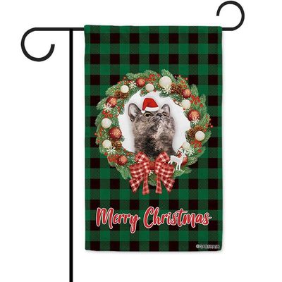 Merry Christmas Cat Green Buffalo Check Plaid Garden Flag, 31.8 x 45.7 cm