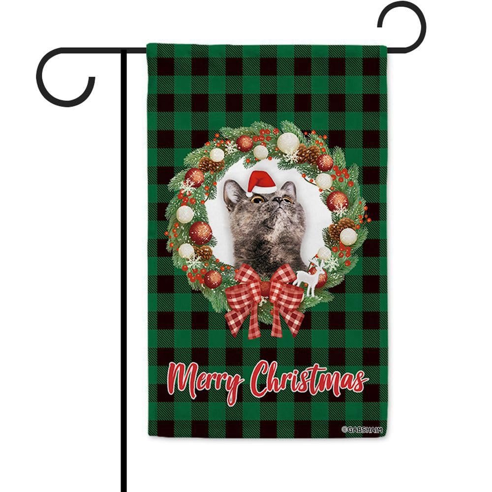 Merry Christmas Cat Green Buffalo Check Plaid Garden Flag, 31.8 x 45.7 cm