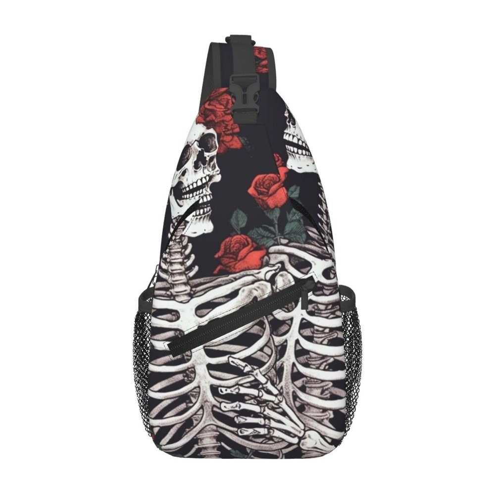 WSOIHFEC Shoulder Bag for Women and Men with Rose and Skeleton, Black, One Size