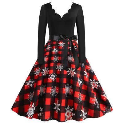 Women's Red Christmas Dress – Long-Sleeve Vintage V-Neck Rockabilly A-Line Party Dress