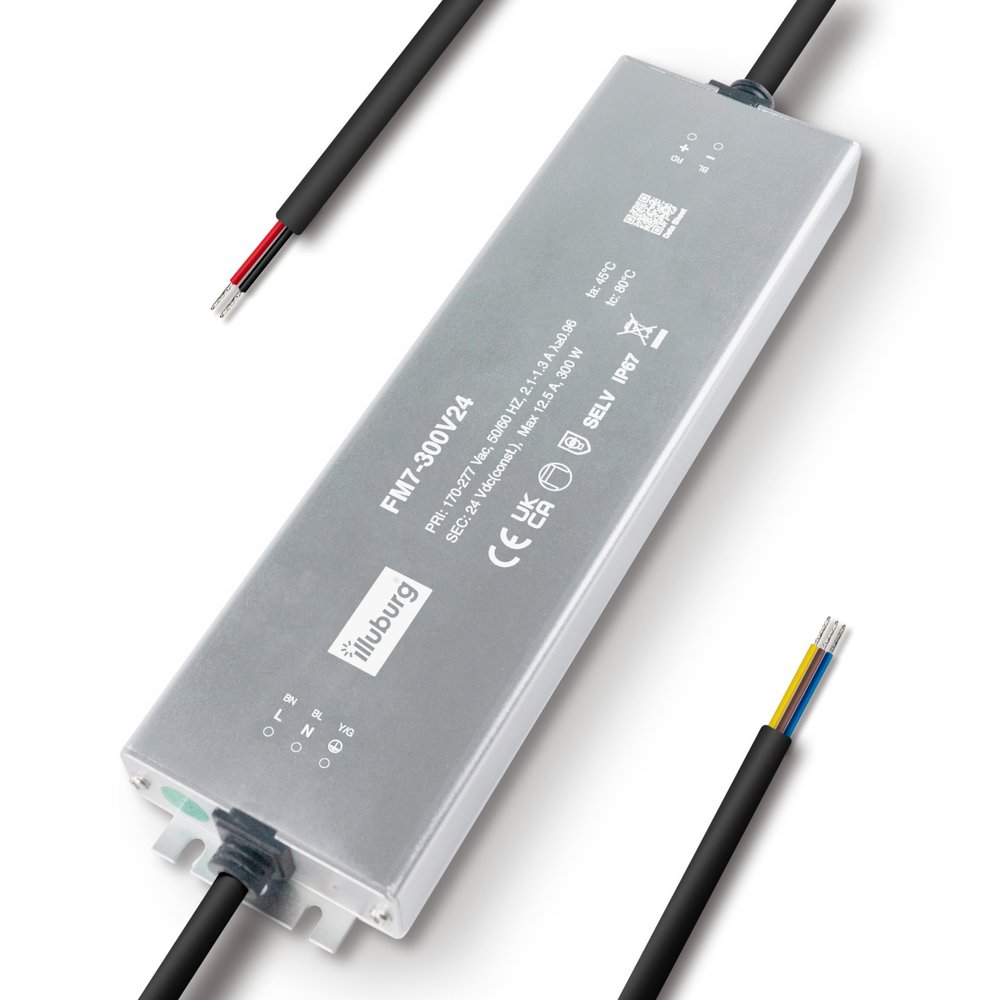 illuburg 24V 300W Waterproof IP67 LED Driver, Flicker-Free