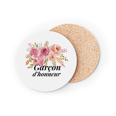 Round Glass Coaster with Cork Base for Bridesmaids, Wedding, Bride, Watercolor Bouquet, 1 pc. (95 x 95 mm)