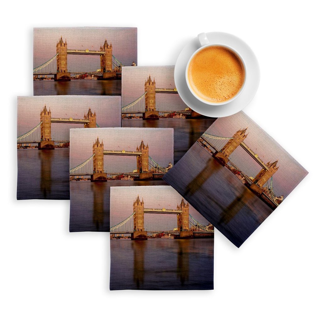 Linen Coasters, Bridge of London England, Thames Architecture Monument, 6-Piece Set (100 x 100 mm)