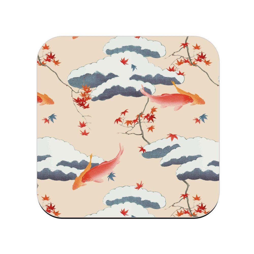 Wooden Coaster, Koi Carp in Japanese Kimono, Orange Fabric, 1 pc (95 x 95 mm)