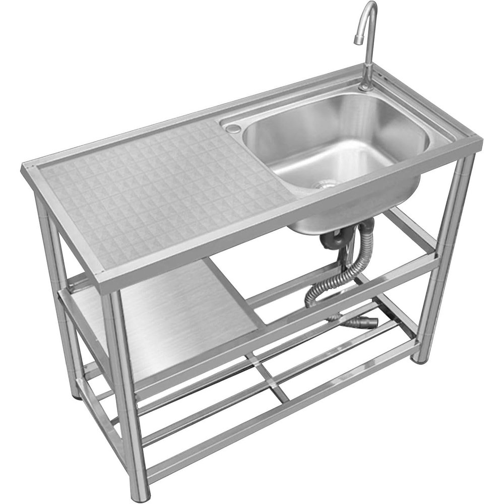 GWFBLID Freestanding Stainless Steel Utility Sink, Single Bowl, with Workbench & Faucet