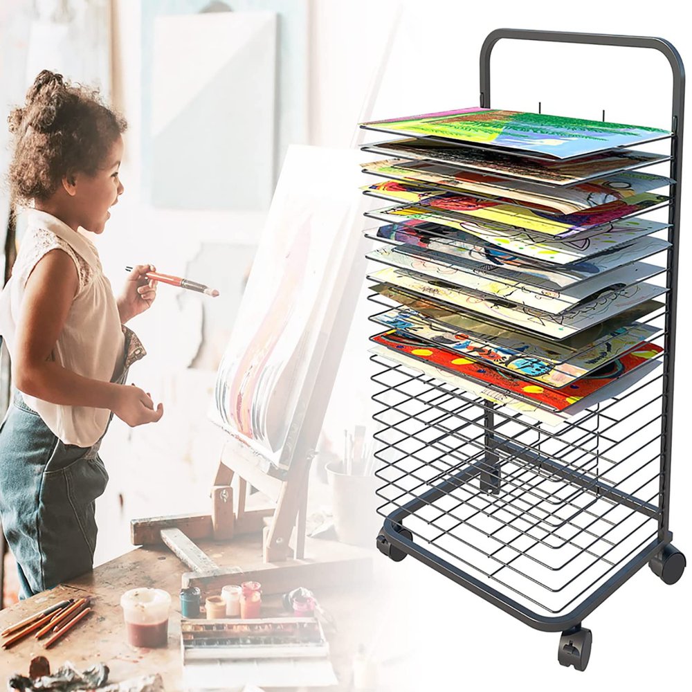 20/25/30/35-Tier Mobile Metal Art Drying Rack with Wheels