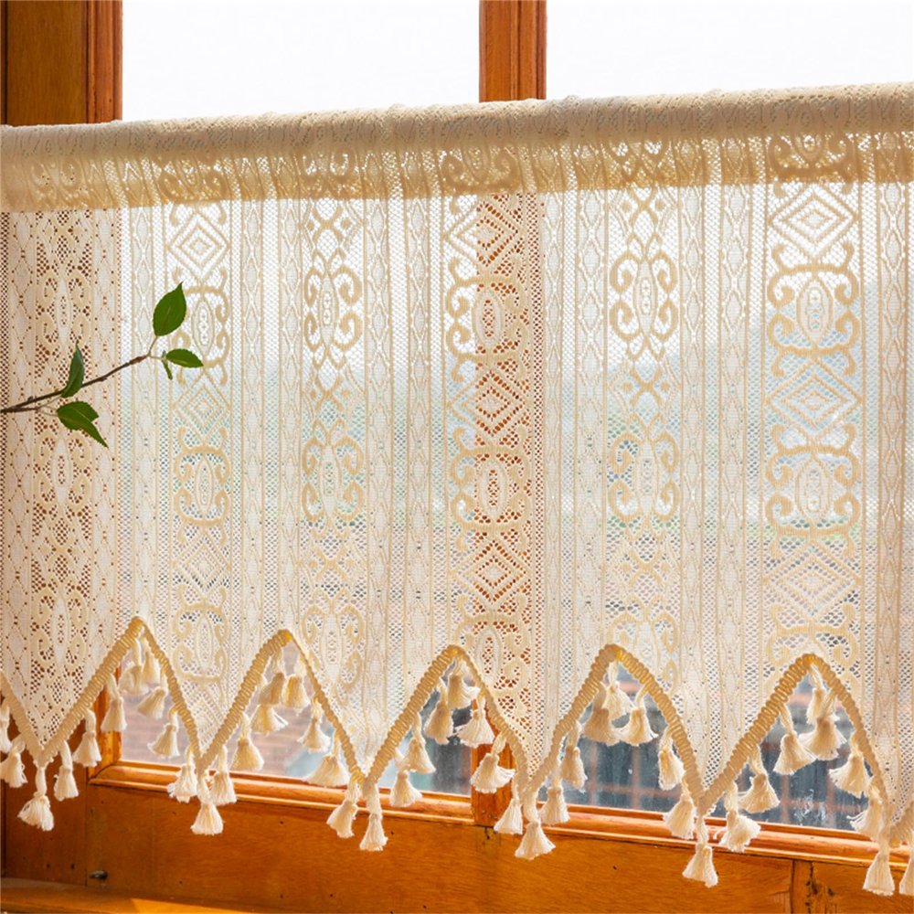 champracer Boho Farmhouse Crochet Café Curtain with Fringe, 90 x 38 cm