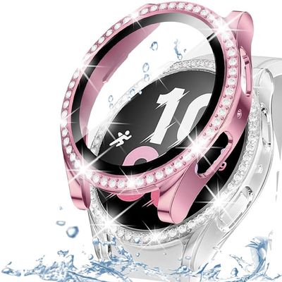 DEALELE [2-Pack] Glitter Diamond Cases with Tempered Glass for Samsung Galaxy Watch FE/5/4 40mm, Pink + Clear