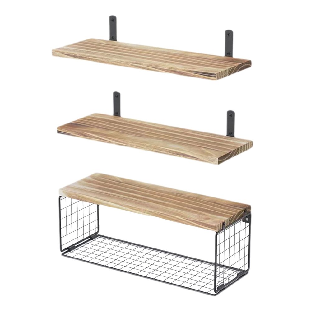 Wall-Mounted Wooden Shelves with Wire Baskets, 3-Piece Set, Yellow