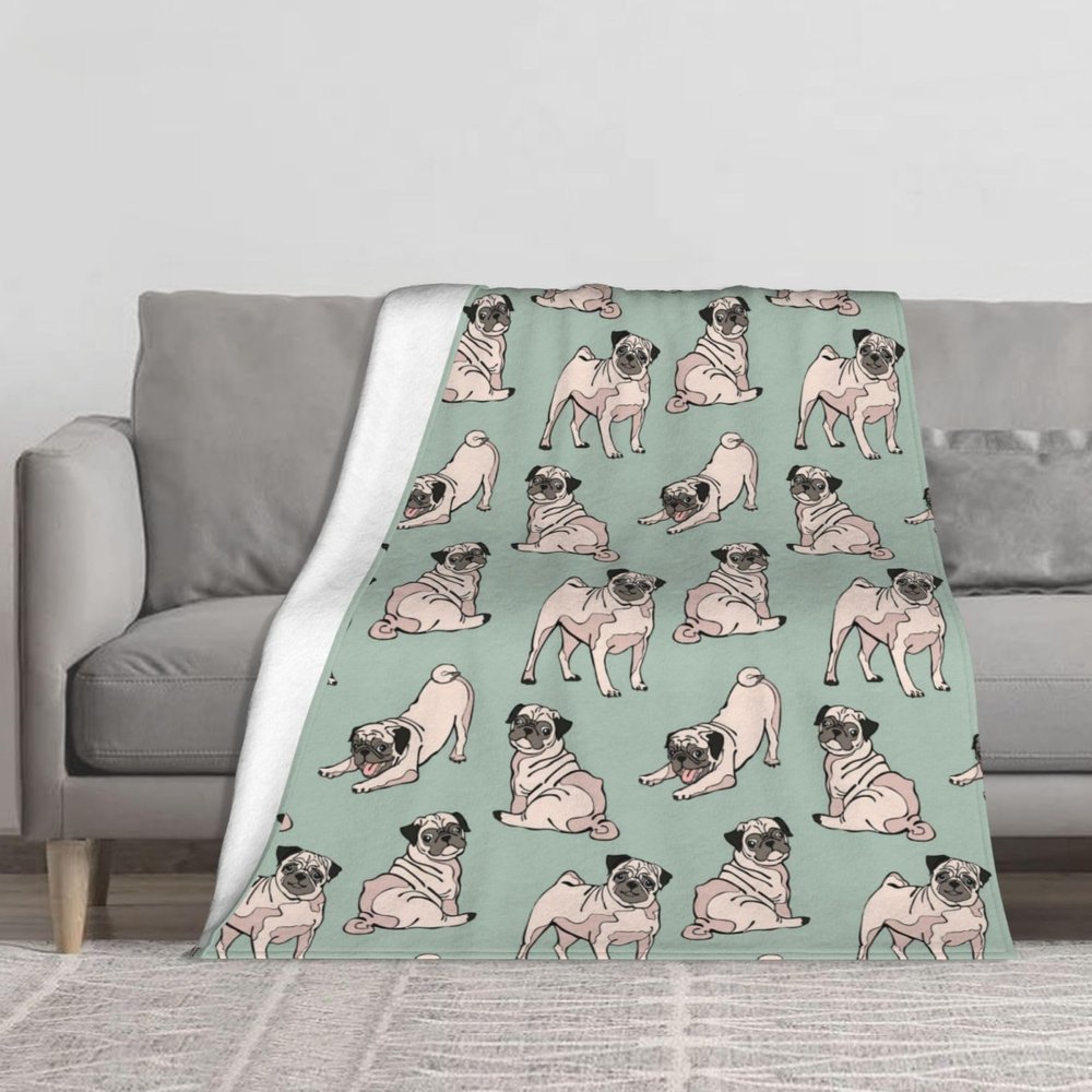 Pug Dogs Sitting Plush Throw Blanket, Warm Flannel Fleece, 127 x 152 cm