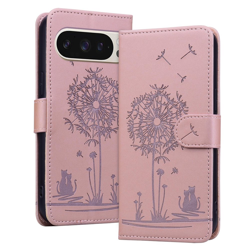 LEINOTWANCH Wallet Flip Case for Google Pixel 9/9 Pro (6.3-inch), Dandelion and Cat Design, Pink