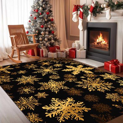Black and Gold Snowflake Christmas Rug, Non-Slip Washable, 120 x 160 cm