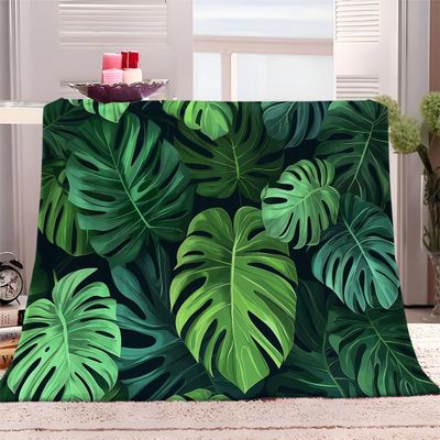 Green Tropical Leaves Soft Flannel Throw Blanket, Black, 180 x 200 cm