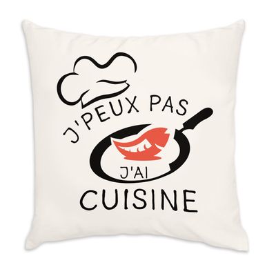 Fabulous White Velvet-Look Cushion, “J'Peux Pas J'Ai Cuisine,” 40 x 40 cm, Cover & Insert Included